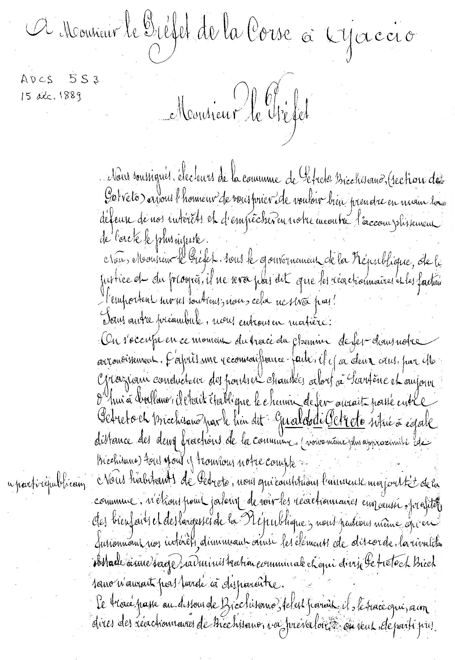 Lettre préfet d'Ajaccio du 15/12.1889 page 1