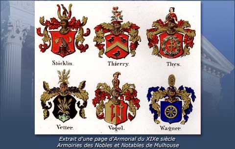 extrait d'une page d'Armorial du 19e sicle, armoiries des Nobles et Notables de Mulhouse